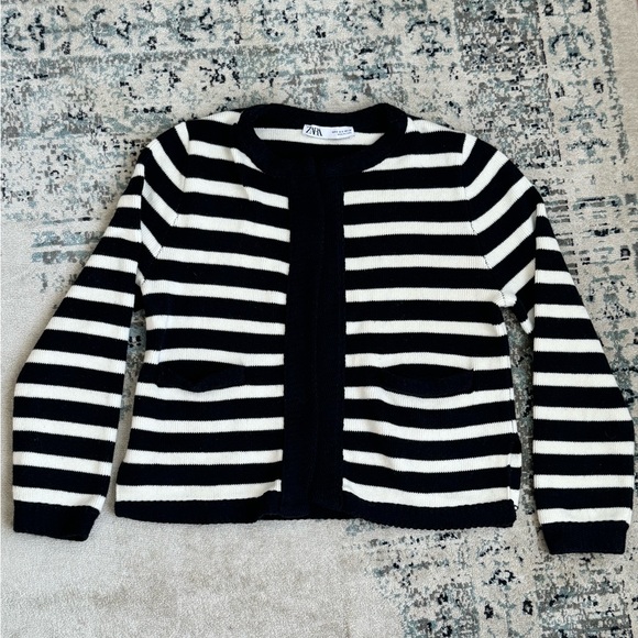 Zara Navy Blue & White Striped Open Knit Cardigan - Picture 1 of 4